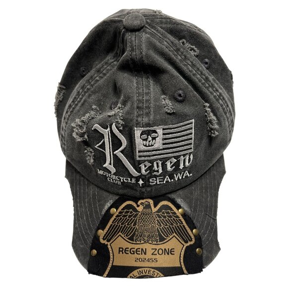 Regen Zone Badge Wash Vandalism Knife Cut Baseball Cap in Black